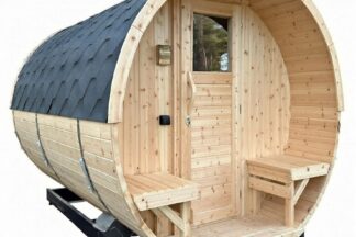 Sauna-Fass Holta Fichte mit Vorraum und Terrasse