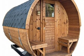 Sauna-Fass Holta Thermoholz mit Vorraum und Terrasse
