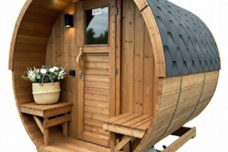 Sauna-Fass Vela Thermoholz mit Terrasse