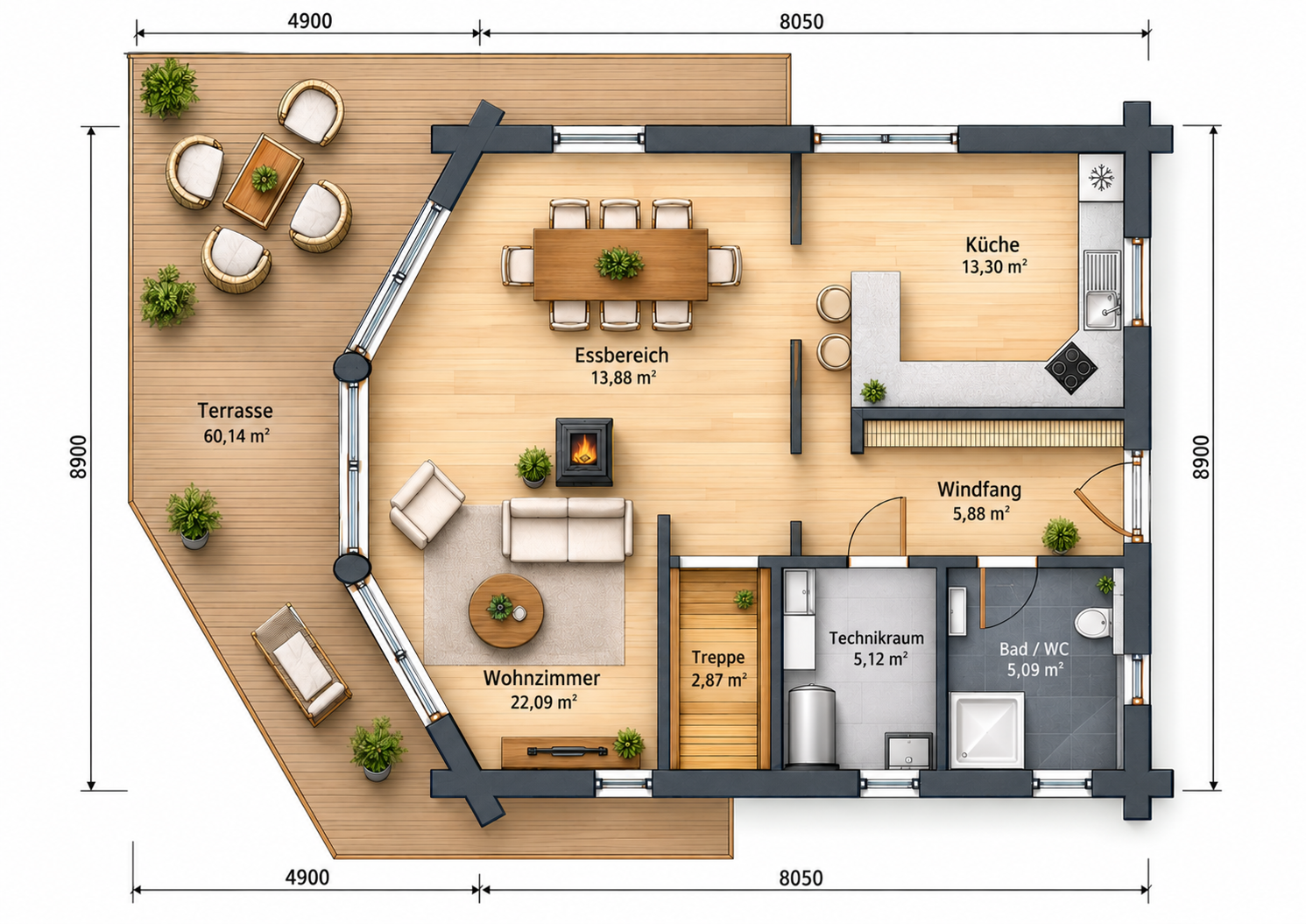 Rundstamm-Haus Figaro M 805x890 cm – Bild 4
