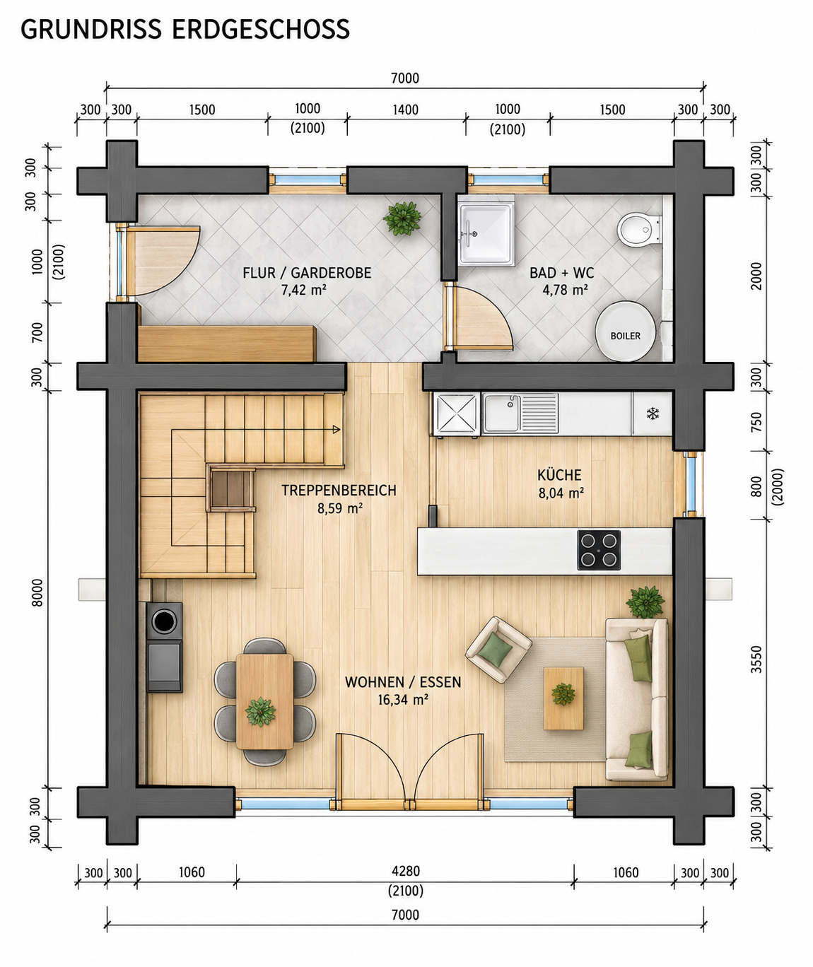 Rundstamm-Haus Orava 700x800 cm – Bild 7